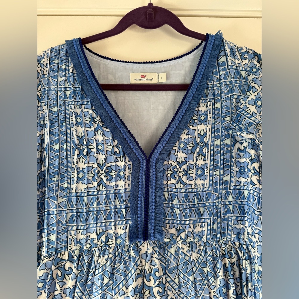 Vineyard Vines Cay Scarf Print Short Sleeve Fringe Dress Blue White Large - Picture 4 of 9